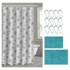 Popular Bath Rose Blossom 15-piece Chenille Bath Rug & Shower Curtain Set
